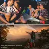 The image is a collage showing two scenes. The top scene depicts a group of friends camping at night, with one person playing a drum and another holding a red radio. The bottom scene shows two hikers on a mountain at sunset, with one person shining a flash Produktbild-Vorschau