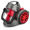 A close-up, angled studio shot of a gray and red bagless cyclonic vacuum cleaner against a white background. Voir les images du produit