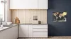 A modern kitchen with white cabinets and a wooden backsplash, featuring a world map bulletin board on the dark blue wall. Anteprima dell’immagine prodotto