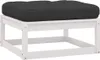 A white wooden ottoman with a black cushion on top, isolated on a white background. Produktbild-Vorschau