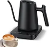 A black electric gooseneck kettle with temperature control sits on its base next to a cup of coffee with latte art. Náhled obrázku produktu