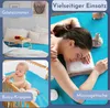 A collage of images showing a fitted sheet in different settings: a guest room, a baby crib, and a massage table. Produktbild-Vorschau