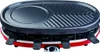 A red and black raclette grill is shown from a diagonal front angle on a white background. Produktbild-Vorschau