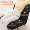 A person sitting on a black chair, with overlaid text describing the chair's ergonomic features. Voir les images du produit