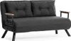 A dark gray sofa bed with two pillows and wooden armrests is shown against a white background. Náhled obrázku produktu
