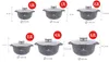 A diagram showing different sizes of pots with their dimensions and capacities. Produktbild-Vorschau