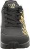 A close-up front view of a black Skechers sneaker with gold detailing. Voir les images du produit