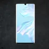 A smartphone with a light blue wallpaper is shown against a dark, textured background. Produktbild-Vorschau