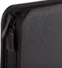 A close-up view of the corner of a black conference folder with red stitching and a zipper. Voir les images du produit