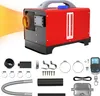 A red and black diesel heater with various accessories laid out below it on a white background. Produktbild-Vorschau