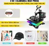 A heat press machine with various attachments and examples of its use on different items. Podgląd zdjęcia produktu