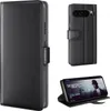 A collage of images showing a black leather flip phone case, a close-up of the case's camera cutout, and the case being used to prop up a phone displaying a movie poster. Produktbild-Vorschau