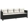 A black poly rattan sofa with white cushions, shown from the front on a white background. Produktbild-Vorschau