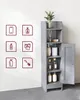 A narrow gray bathroom cabinet with its door open, displaying various bathroom items on its shelves, with several illustrated icons on the wall to the left. Podgląd zdjęcia produktu