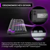 A gaming keyboard with purple accents and RGB lighting, shown with close-up insets highlighting its design and features. Produktbild-Vorschau
