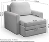 A light gray armchair with a pull-out bed and storage drawer, shown with dimensions indicated by measurement lines and text. Produktbild-Vorschau