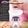A collage of a pink cotton candy machine with text overlays highlighting its features, accompanied by accessories. Produktbild-Vorschau