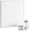 A white infrared heating panel with a white thermostat and plug. Produktbild-Vorschau