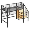 A black metal loft bed with wooden shelves integrated into the stairs, shown against a white background. Podgląd zdjęcia produktu