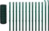 A roll of green wire mesh fencing and a set of green metal fence posts are arranged on a white background.