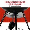 Close-up view of the lower part of a black charcoal grill, with text overlays highlighting a feature. Produktbild-Vorschau