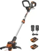 A cordless string trimmer with two batteries and a charger, all set against a white background. Produktbild-Vorschau