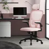 A pink ergonomic office chair is shown in a home office setting with a desk, computer, and filing cabinet. Produktbild-Vorschau