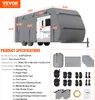 A grey caravan cover is shown on a caravan, with dimensions indicated by orange text. Below the caravan cover, product specifications and included accessories are listed. Náhled obrázku produktu