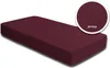 A burgundy fitted sheet is shown on a white background, with a close-up inset showing the fabric texture and the word "Jersey". Produktbild-Vorschau