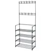 A black metal garment rack with multiple shelves and coat hooks, shown against a white background. Anteprima dell’immagine prodotto