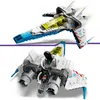 Two views of a white and blue LEGO spaceship, one from the top and one from the back. Náhled obrázku produktu