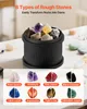 A collection of rough stones in a black tumbler, with examples of polished stones and their names displayed below. Náhled obrázku produktu