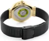 Close-up view of the back of a gold watch with a black mesh band and clasp. Produktbild-Vorschau