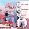 Marketing image for Frozen bedding with characters Elsa, Anna, and Olaf, featuring product dimensions and feature callouts. Produktbild-Vorschau