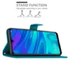 A teal phone case is shown open, displaying a smartphone with a colorful wallpaper. Above the phone case, there are illustrations and text describing the stand function of the case. Náhled obrázku produktu