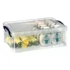 A clear plastic storage box filled with rolled up towels and bottles of soap. Anteprima dell’immagine prodotto