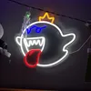 A neon sign of a ghost character with a crown, tongue out, and sunglasses, hanging on a wire with a small skeleton figure. Voir les images du produit
