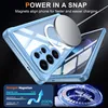 A light blue phone case with a magnetic charging ring is shown, with marketing text and diagrams highlighting its features. Náhled obrázku produktu