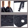 Collage of close-up images showing details of a black waterproof cover, including straps, buckles, elasticated edges, and a grommet. Náhľad obrázku produktu