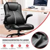 A black gaming chair is shown in a home office setting, with a desk and computer in the background. A close-up of the chair's material is also shown. Produktbild-Vorschau