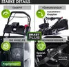 A collage of four images highlighting features of a lawnmower. Produktbild-Vorschau