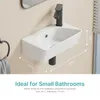 A wall-mounted sink with a faucet, showing dimensions and a promotional message. Anteprima dell’immagine prodotto