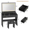A diagram showing the dimensions of a black vanity table and stool set, with additional diagrams of drawers. Produktbild-Vorschau