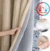 A hand is shown pulling back a thick, quilted curtain, revealing its layered construction. Inset circles show close-ups of the fabric's texture and insulation. A circular graphic indicates thermal protection. Voir les images du produit