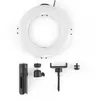 A white ring light and its accessories are laid out on a white background. Produktbild-Vorschau
