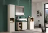 A modern bathroom with a tall cabinet, vanity with sink, and a smaller cabinet. Produktbild-Vorschau
