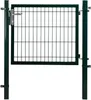 A green metal garden gate with a silver handle, mounted on two dark green posts. The gate is made of wire mesh. Produktbild-Vorschau
