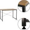 A desk with a wooden top and black metal legs, shown from the front-left. Close-up insets highlight the corner joinery and the adjustable feet. Náhľad obrázku produktu