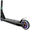 A close-up, angled view of a black freestyle scooter with rainbow-colored wheels and accents. Voir les images du produit