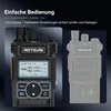 A marketing image showing a walkie-talkie with text overlays highlighting its features. Produktbild-Vorschau